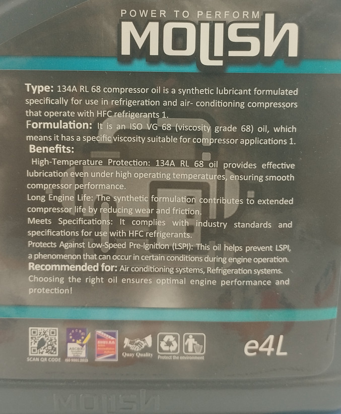 روغن کمپرسور R-134a برند اصلی MOLISH (۴ لیتری)